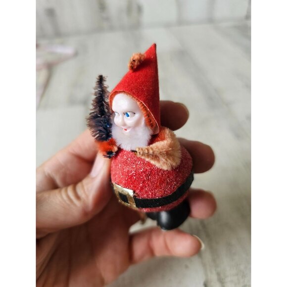 Antique glitter germany Santa flocked hat tinsel tree Xmas decor - Picture 5 of 8